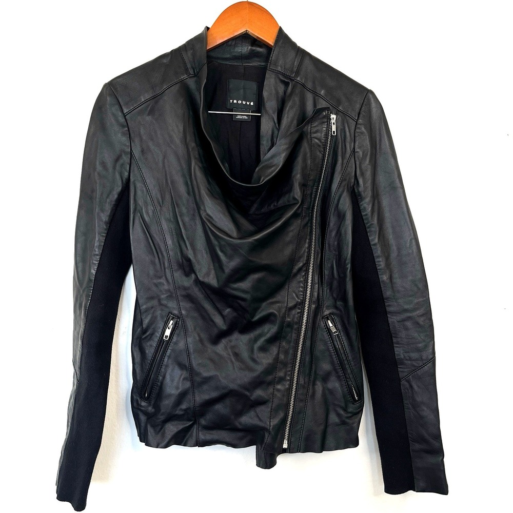 Trouve Womens Raw Edge Soft Leather Moto Jacket Sz S BlackDrape Edgy Chic Grunge